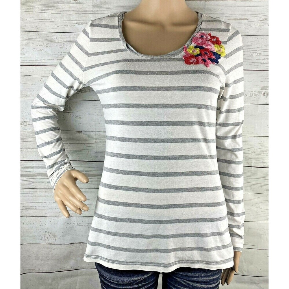 ELLE Shirt Striped Colorful Embroidered Floral Top